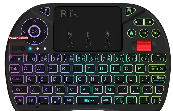 power switch of X8 at left portion, above the Esc key