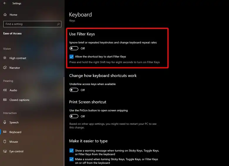 Disable the Filter Key Feature