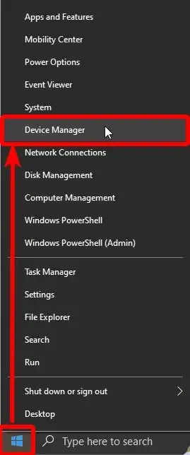 Right-click on the Start button and select Device Manager.