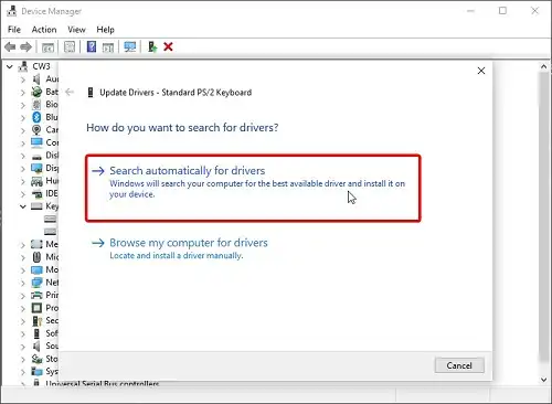 Choose _Search automatically for updated driver softwar