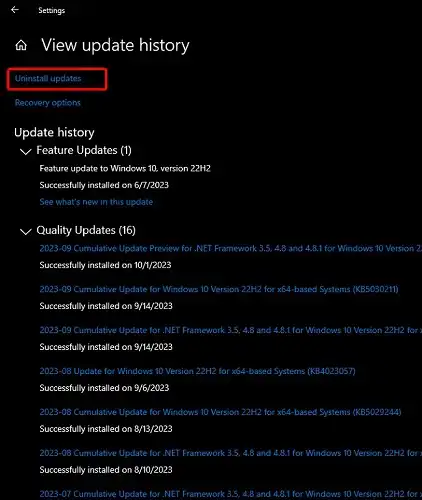 Click Uninstall Updates to view the list of update