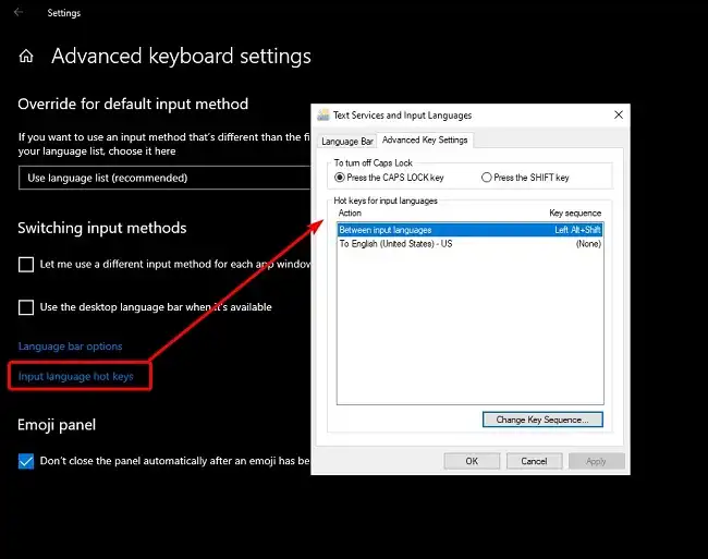 Click on Input language hot keys and Ensure no hotkey combinations have been set that might affect the Delete butto