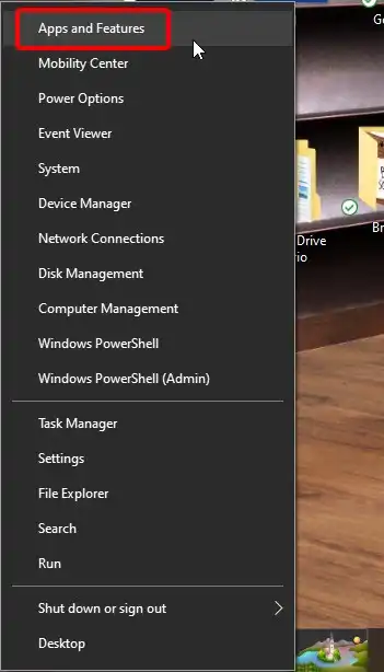 Press Windows + X and click Apps and Feature