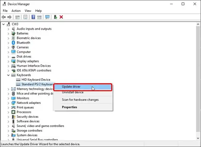 Right-click on Standard PS2 Keyboard and select Update drive